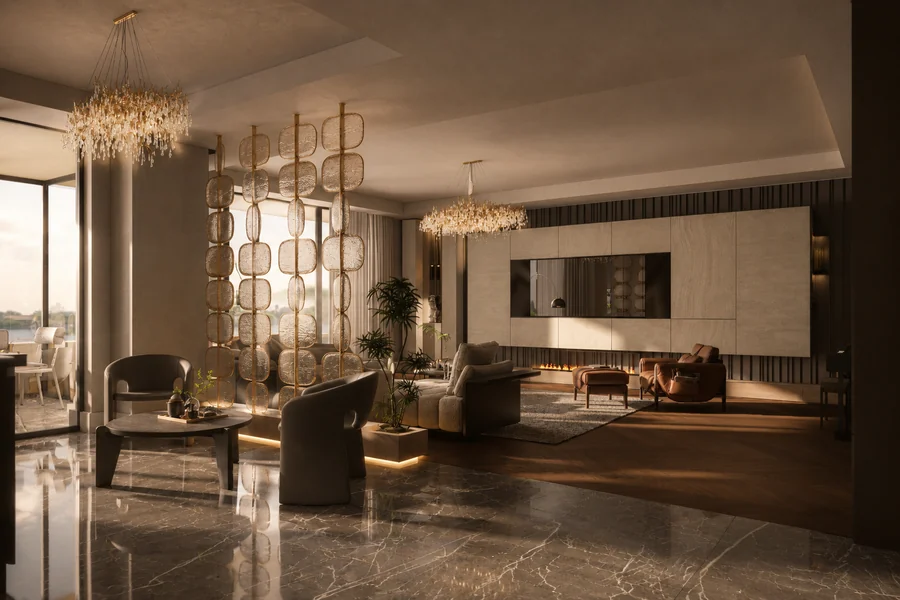 Çörekçi House salonu; taş, ahşap ve sıcak ışıkla tasarlanmış yaşam alanı